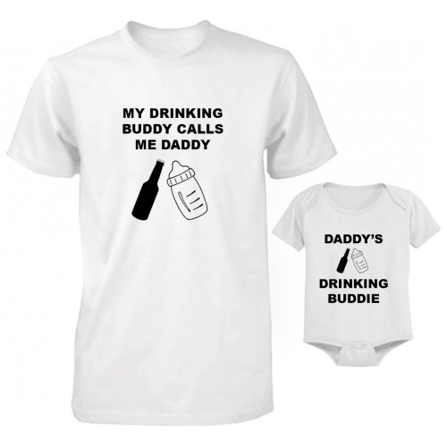 DAD AND BABY MATCHING SET OF T-SHIRT AND BODYSUIT DRINKING BUDDIES FUNNY SET